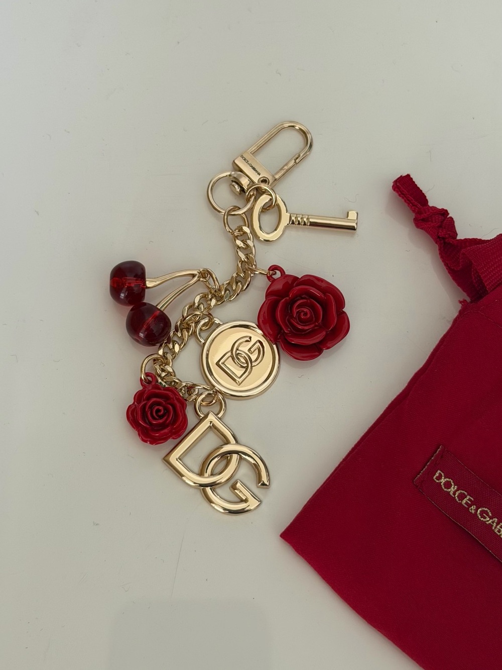 Dolce & Gabbana Gold-Tone Logo & Red Rose Charm